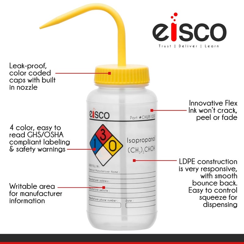 EISCO 2PK Wash Bottle for Isopropanol, 500ml - Labeled with Color Coded Chemical & Safety Information (4 Colors) - Wide Mouth, Self Venting, Low Density Polyethylene Labs - Image 2