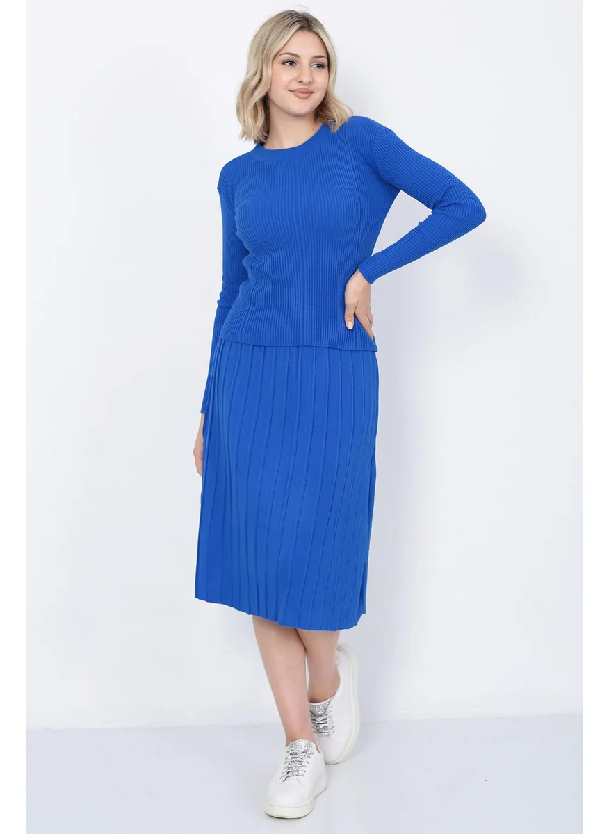 لوغمو Women's Knitwear Pleated Skirt Hair Braided Sweater Set Oversize Blue