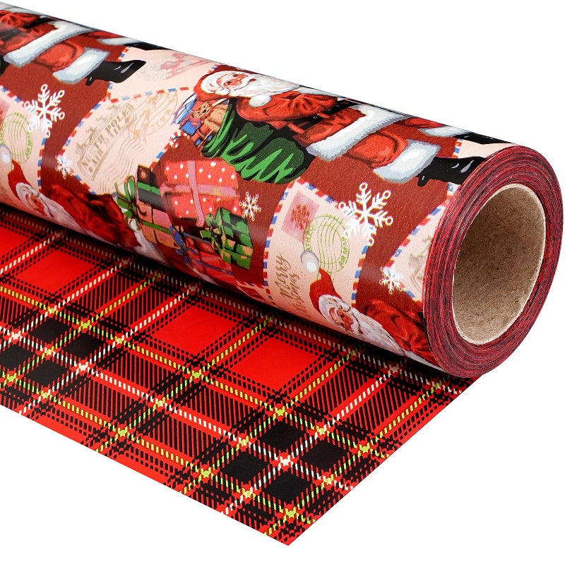 Ulmasinn Reversible Christmas Wrapping Paper Roll 17 x33ft DoubleSided Designs with Santa and postcard Plaid for Xmas Gift Wrap for Presents Table Decor Crafting - Image 3