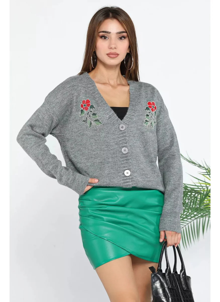 Gülseli Women's Embroidered Stone Embroidered Knitwear Cardigan