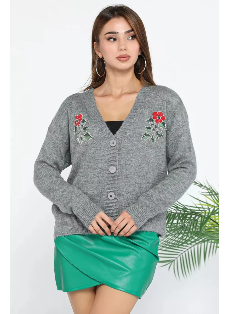 Gülseli Women's Embroidered Stone Embroidered Knitwear Cardigan