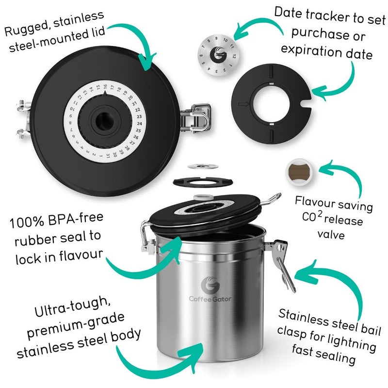 Coffee Gator Coffee Canister, Airtight 16oz Stainless Steel and 4oz Borosilicate Glass Jar Travel Kitchen Food Storage Container with Date Tracker, Scoop for Grounds, Beans, Sugar, Tea, Cookies - Image 4