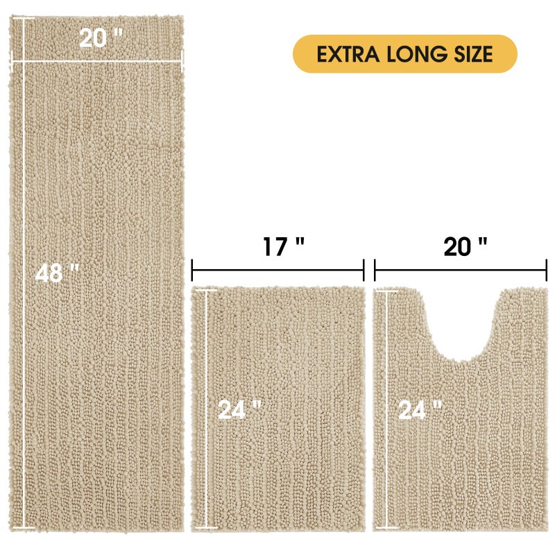 ACCUMTEK Upgrade Extra Large Beige Bathroom Rug Set 3 Pieces Ultra Soft, Thick Absorbent Bath Mats, Non Slip Chenille Toilet Mat for Bathroom, Bedroom, Kitchen - Image 5