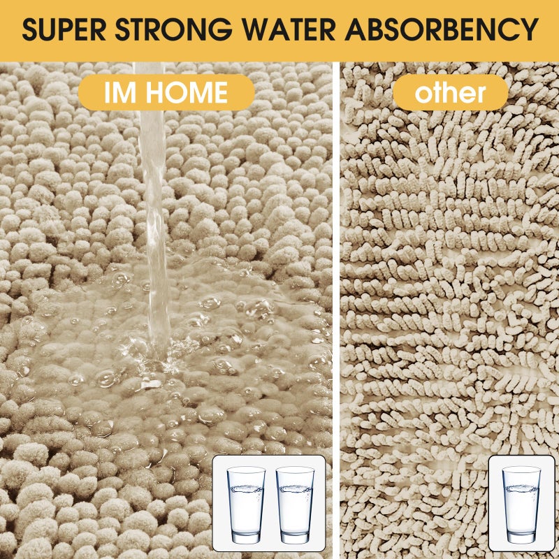 ACCUMTEK Upgrade Extra Large Beige Bathroom Rug Set 3 Pieces Ultra Soft, Thick Absorbent Bath Mats, Non Slip Chenille Toilet Mat for Bathroom, Bedroom, Kitchen - Image 3