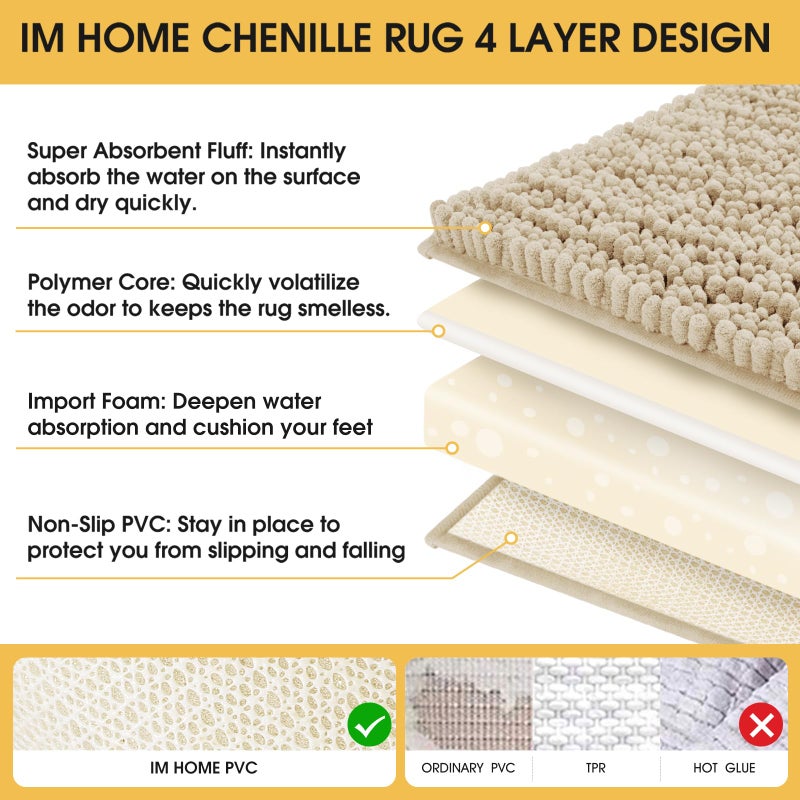 ACCUMTEK Upgrade Extra Large Beige Bathroom Rug Set 3 Pieces Ultra Soft, Thick Absorbent Bath Mats, Non Slip Chenille Toilet Mat for Bathroom, Bedroom, Kitchen - Image 4