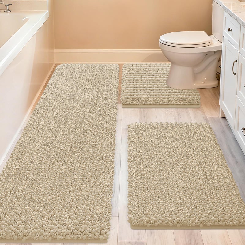 ACCUMTEK Upgrade Extra Large Beige Bathroom Rug Set 3 Pieces Ultra Soft, Thick Absorbent Bath Mats, Non Slip Chenille Toilet Mat for Bathroom, Bedroom, Kitchen - Image 1