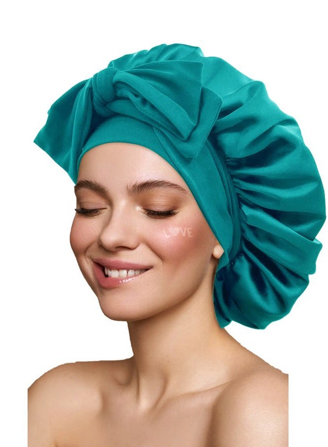 Gili Satin Bonnet Silk Bonnet Hair Bonnet for Sleeping Large Bonnets with Tie Band Hair Wrap with Adjustable Straps Hair Cap Night Sleep Caps for Women Curly Braid Hair Dark Turquoise - Image 1