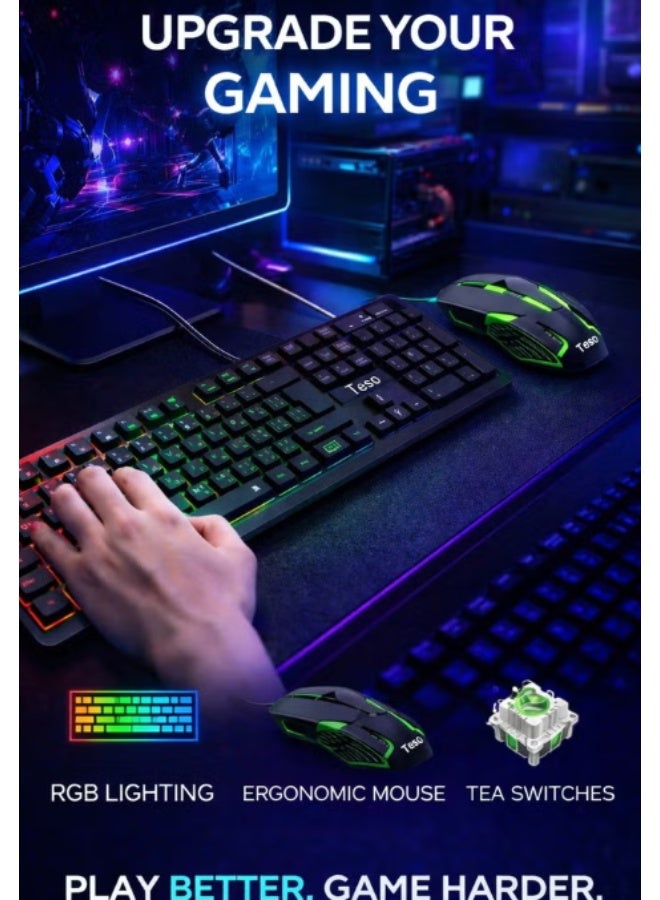 تيسو طقم لوحة مفاتيح وفأرة ألعاب Teso T10 بإضاءة RGB – سلكي مريح للاستخدام المكتبي والألعاب - Image 2