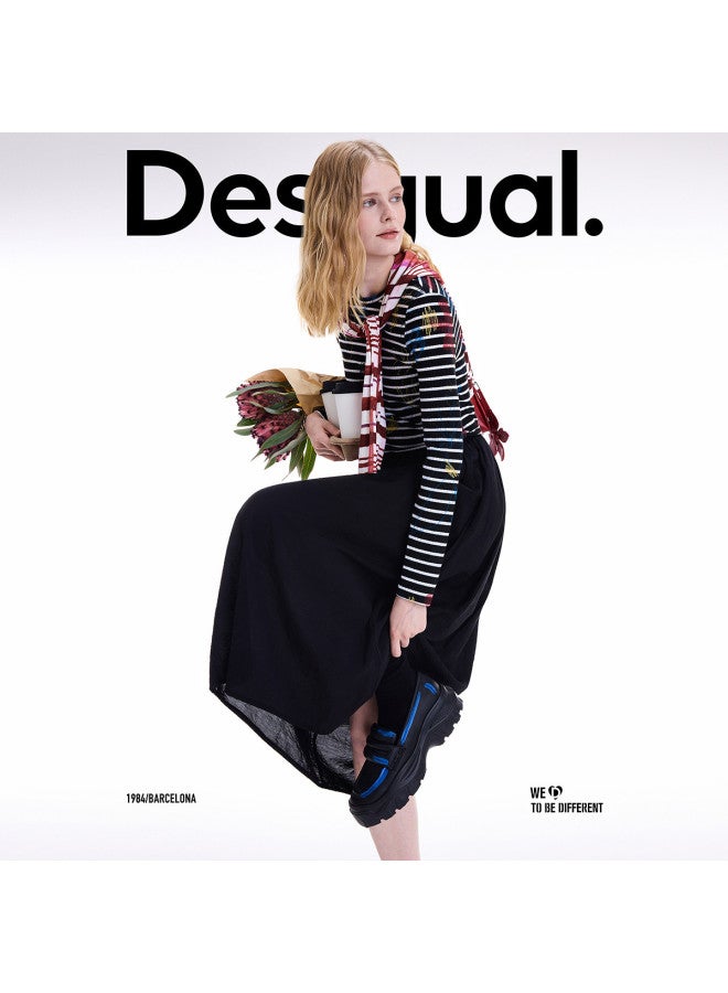 DESIGUAL fall/winter 2025 New Collection Striped Print Patchwork Black Round Neck Dress - Image 4