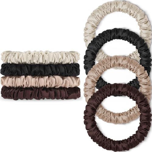WantGor Scrunchies Hair Ties Silk Satin Scrunchy, WantGor Women 4PC Pure Mulberry Silk Skinny Elastic Scrunchies Hair Bands Bracelets Ponytail Holders Hair Accessories (Black,Brown,Champagne,Apricot) - Image 1