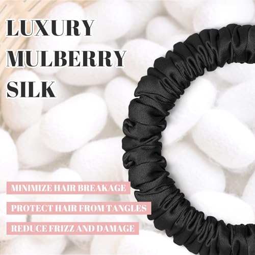 WantGor Scrunchies Hair Ties Silk Satin Scrunchy, WantGor Women 4PC Pure Mulberry Silk Skinny Elastic Scrunchies Hair Bands Bracelets Ponytail Holders Hair Accessories (Black,Brown,Champagne,Apricot) - Image 2
