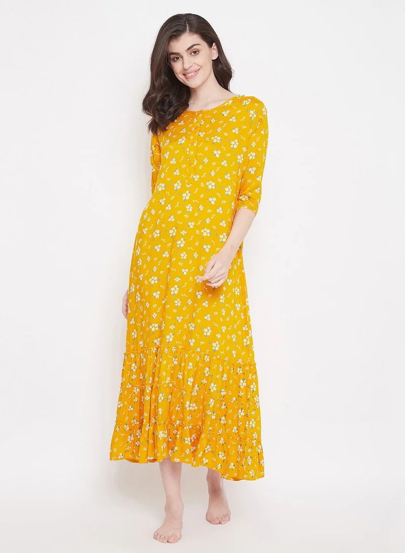 كلوفيا Clovia Pretty Florals Long Nighty In Yellow - Cotton Rich