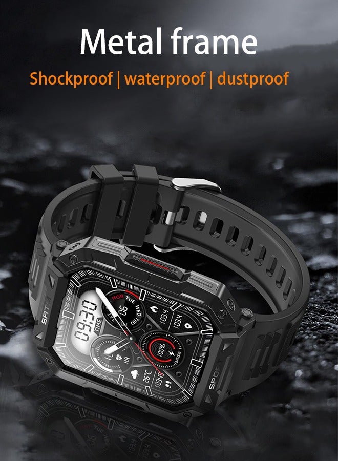 Outdoor Sports Waterproof Military Watch Blood Sugar Smart Watch | 24/7 Heart Rate/Spo2/Temperature Tracking | 150 Sports Modes | Sleep Analysis | 2.1" Arabic Display |Waterproof And Dustproof-Black - Image 2