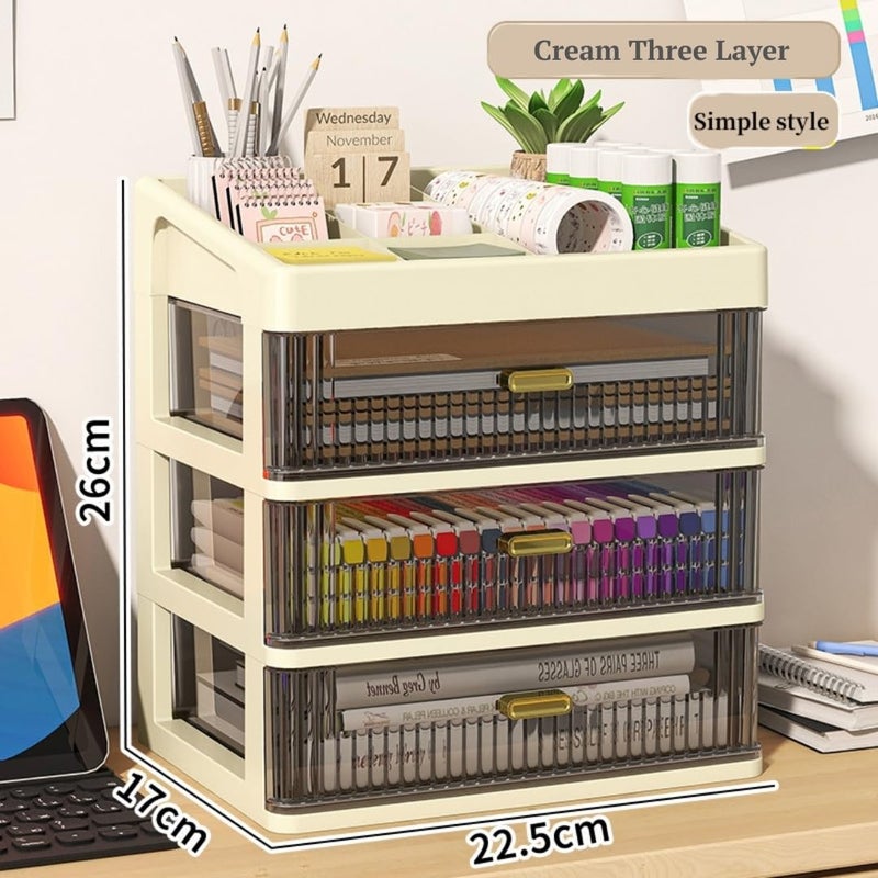 KREPS Desk Makeup Organizer, Plastic Storage Box with Sliding Drawer, Stylish Display Case for Cosmetics, Lotion, Nail Polish,Brushes,and Jewelry (3 - Layer, Cream) - Image 2