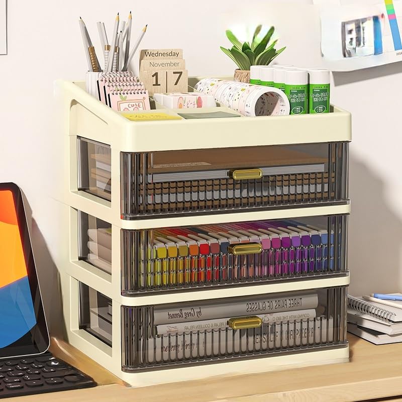 KREPS Desk Makeup Organizer, Plastic Storage Box with Sliding Drawer, Stylish Display Case for Cosmetics, Lotion, Nail Polish,Brushes,and Jewelry (3 - Layer, Cream) - Image 1