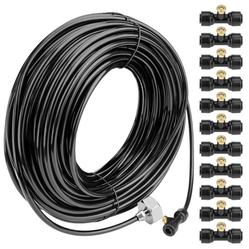 Awpeye Misting Cooling System 98.4FT (30M) Misting Line + 50 Brass Mist Nozzles + 50 T-Connectors + 1 Faucet Adapters (3/4") Outdoor Mister for Patio Garden Greenhouse Trampoline for Waterpark  - Image 1