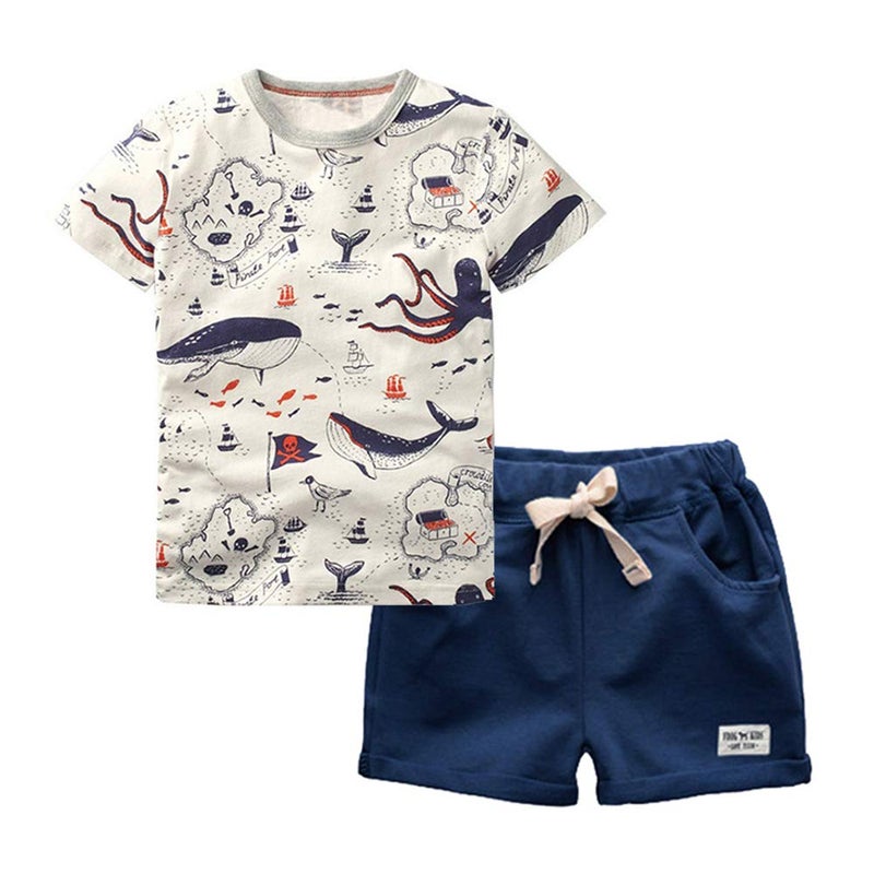 BINIDUCKLING Boy Pirate Print TShirt Navy Shorts Set Kid 2Pcs Summer Outfit Clothing Set Whale 2T