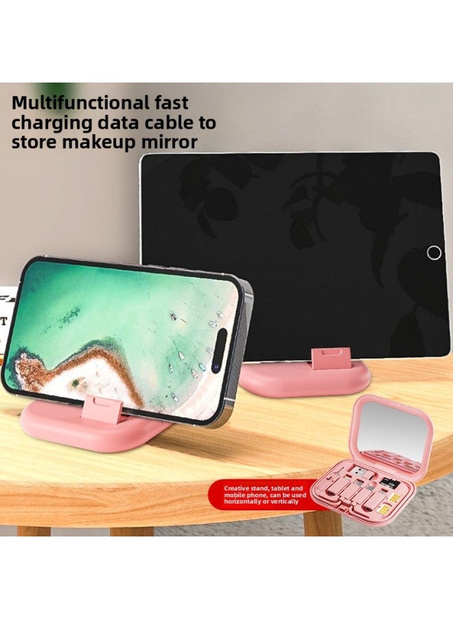 Square Multi-function Data Cable Storage Box 60W Fast Charging Line Adapter Storage 6-in -1 Mobile Phone Bracket Charging Line-Color:Girly Pink (with Mirror)  - Image 4