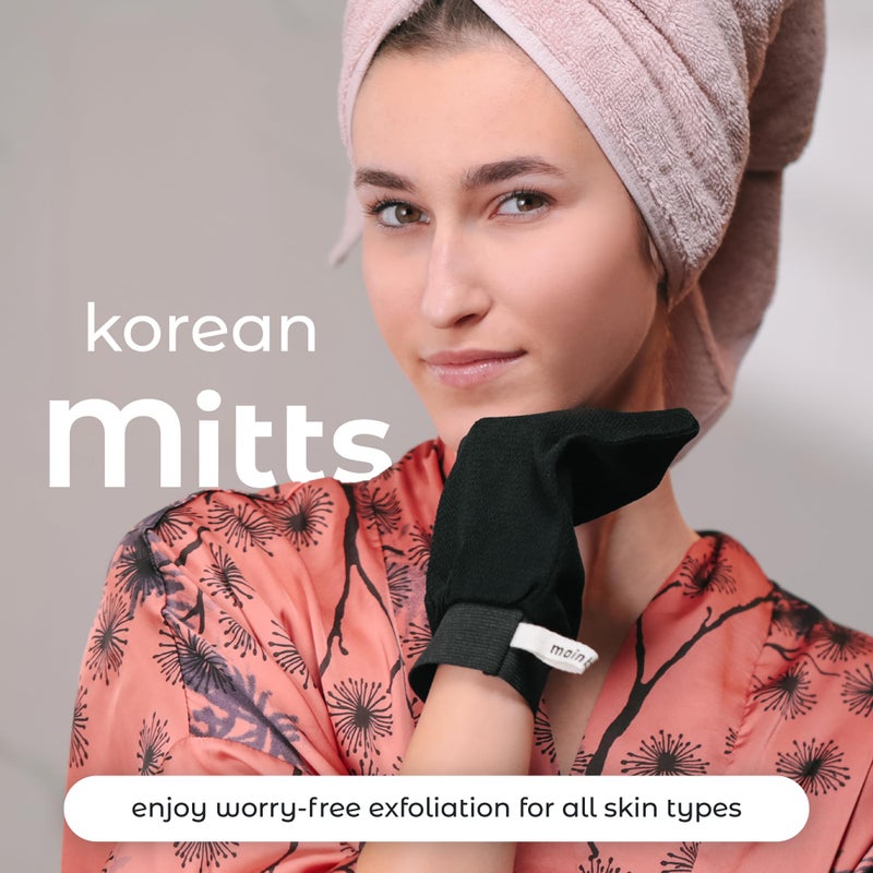MainBasics Exfoliating Gloves for Shower - Korean Body Scrub Mitts for Dead Skin, Deep Cleansing, Spray Tan Prep & KP Treatment (2 Pack) - Image 2