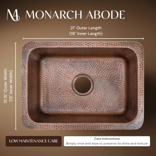 Monarch Abode 21-inch Hand Hammered Pure Copper Milan Dual Mount Drop in Kitchen Sink, Drop in or Undermount Kitchen Sink, Deep Single Rectangular Bowl - Image 2