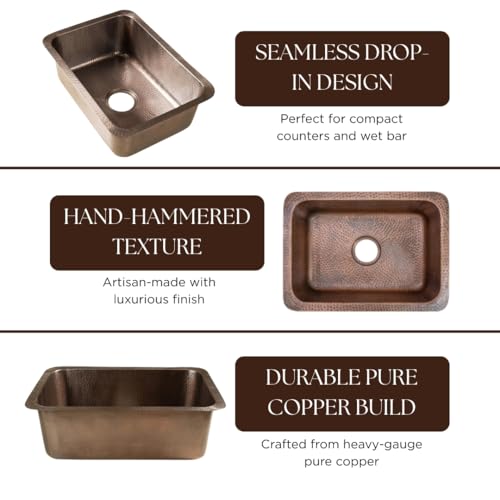 Monarch Abode 21-inch Hand Hammered Pure Copper Milan Dual Mount Drop in Kitchen Sink, Drop in or Undermount Kitchen Sink, Deep Single Rectangular Bowl - Image 4