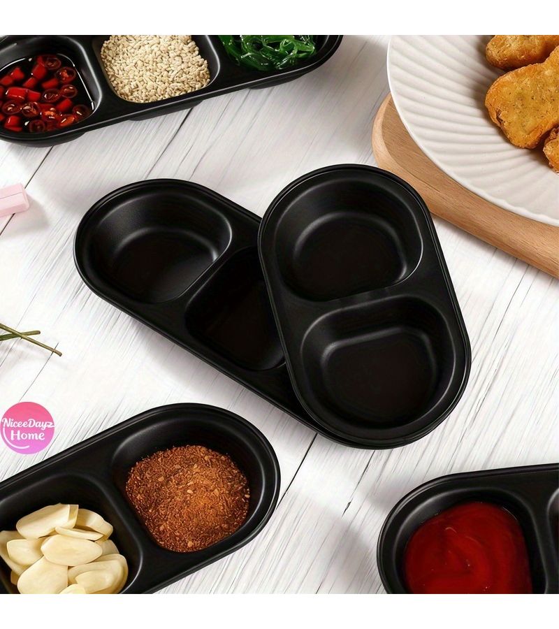 2 Compartment Black Plastic Dipping Sauce Bowls 8pcs Oval Divided Appetizer Serving Dish Reusable Dishwasher Safe Sushi Soy Sauce Condiment Side Dish Party Kitchen Snack Fruits BBQ Dessert - Image 3