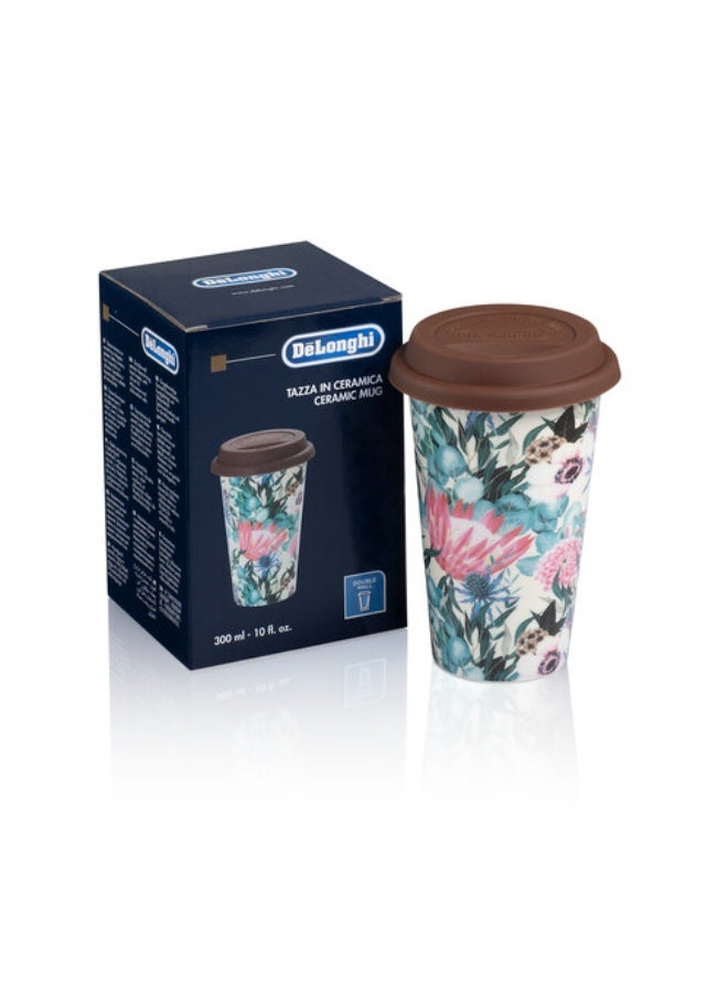 De'Longhi Double-Wall Ceramic Mug 300ml - Handmade Thermal Mug with Silicone Lid, Multi-Colored Floral Design, Keeps Drinks Hot/Cold Longer, Microwave and Dishwasher Safe DLSC065 - Image 2