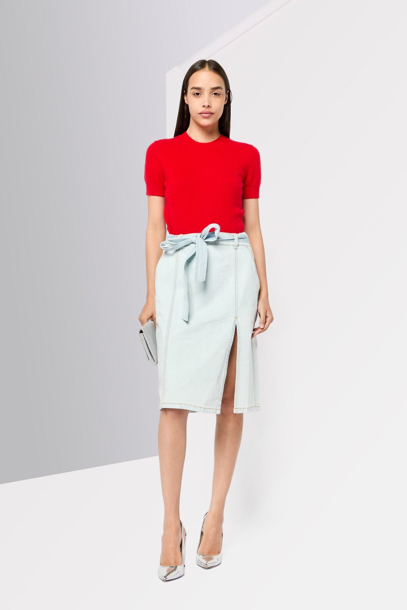 STELLA MCCARTNEY Women Washed Belted Denim Midi Skirt, Blue  - Image 2
