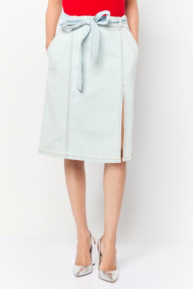 STELLA MCCARTNEY Women Washed Belted Denim Midi Skirt, Blue  - Image 1