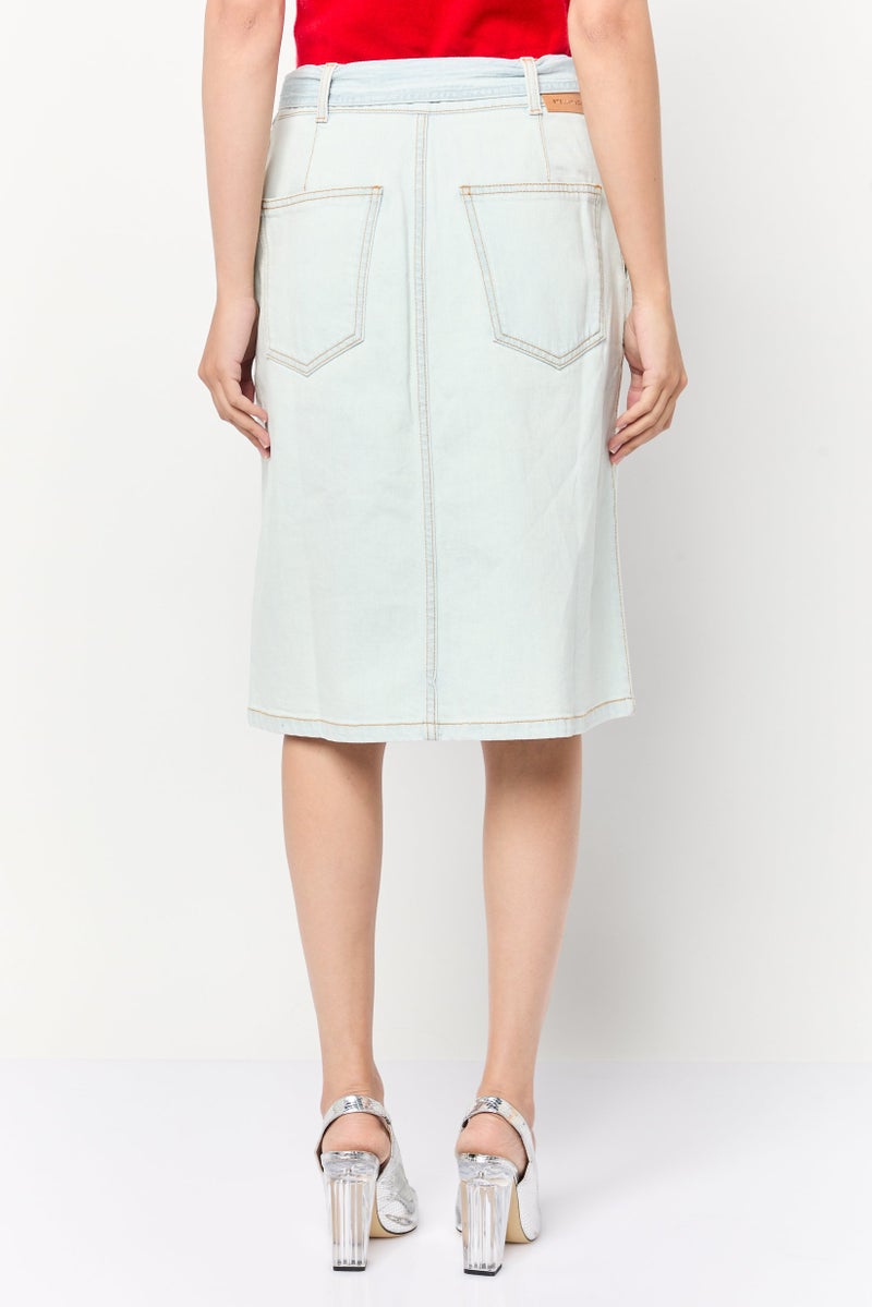 STELLA MCCARTNEY Women Washed Belted Denim Midi Skirt, Blue  - Image 4