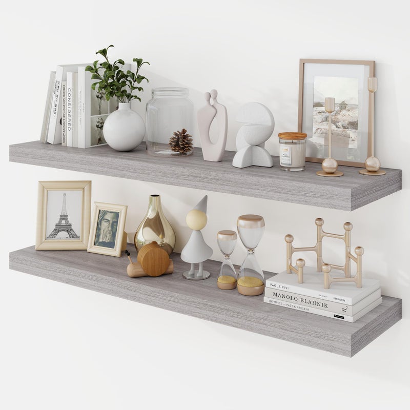 Acovy 36 Inch Floating Shelves, 9.3" Deep Floating Shelf Wall Mounted, 36" Wall Shelves, Rustic Deep Bookshelf, Large Display Shelves & Storage Shelves for Bedroom, Living Room, Gray, Set of 2 - Image 1