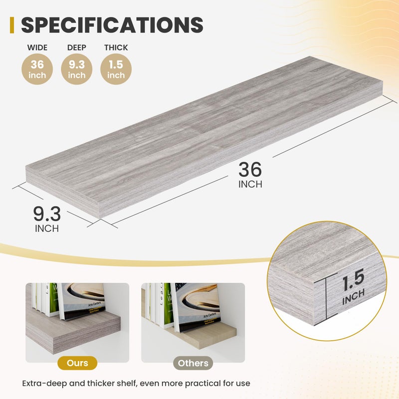 Acovy 36 Inch Floating Shelves, 9.3" Deep Floating Shelf Wall Mounted, 36" Wall Shelves, Rustic Deep Bookshelf, Large Display Shelves & Storage Shelves for Bedroom, Living Room, Gray, Set of 2 - Image 4