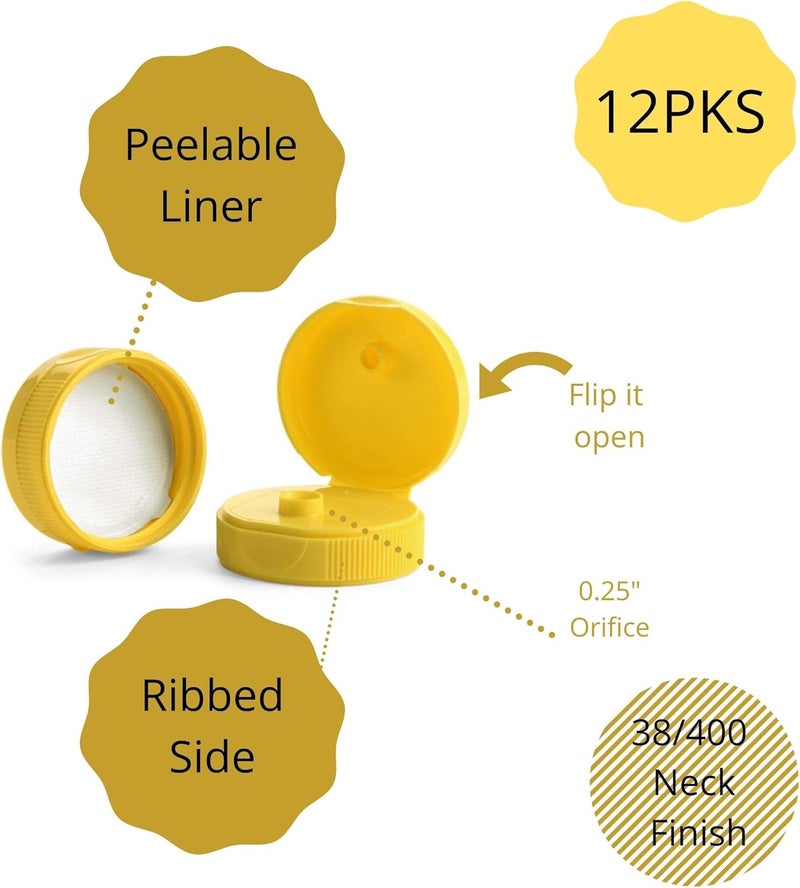 Kelkaa Yellow Flip Top Caps, 38mm Neck, 400 Thread, 0.25" Orifice, Reusable, Food Safe, Pack of 12, Ideal for Kitchen, Craft/DIY, Made in USA - Image 2