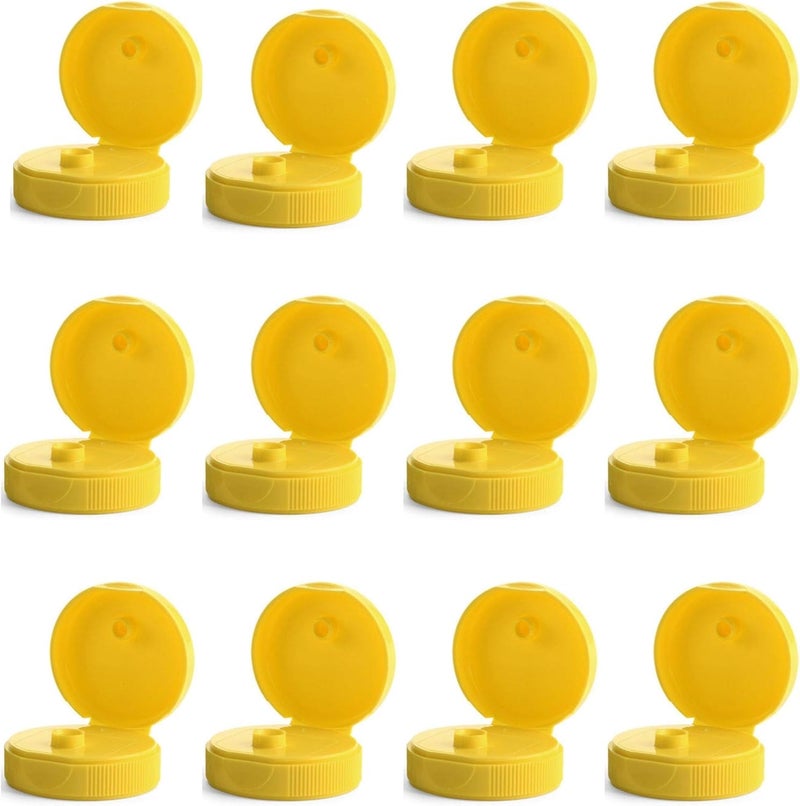 Kelkaa Yellow Flip Top Caps, 38mm Neck, 400 Thread, 0.25" Orifice, Reusable, Food Safe, Pack of 12, Ideal for Kitchen, Craft/DIY, Made in USA - Image 1