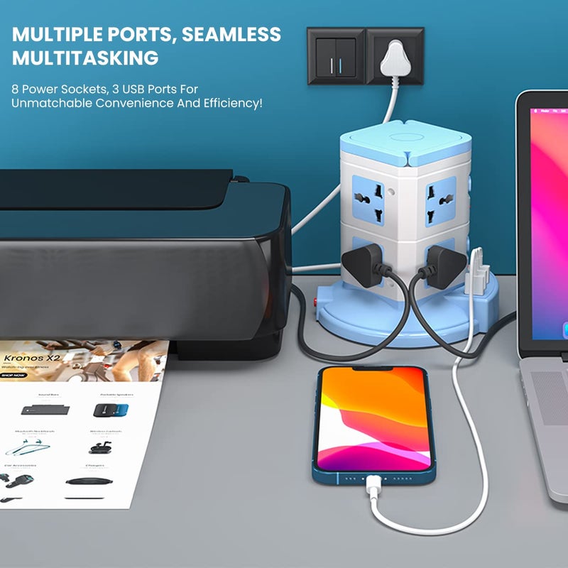 Portronics Power Plate 9 with 3 USB Ports 8 Power Sockets Power Converter 2500W Power Output 21A USB Charging Port 3M Cord LengthBlue - Image 2
