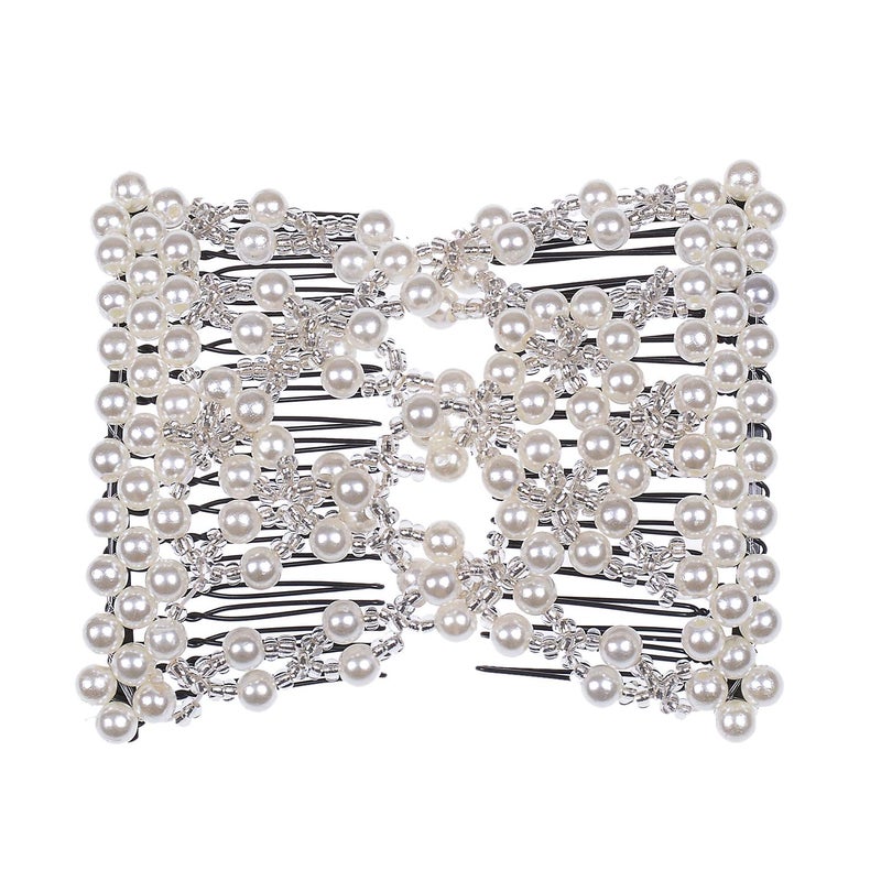 Ruihfas Delicate Women Girls Easy Stretch Pearls Combs Beaded Hair Comb Jewelry Double Clips White