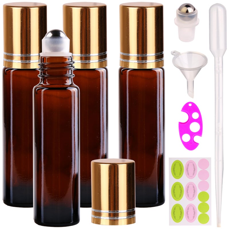 inice 4 Pack Essential Oil Roller Bottles 10ml Amber Glass RollerBall Bottle with Stainless Steel Roller Ball Alloy Cap for Daily Care - Image 1