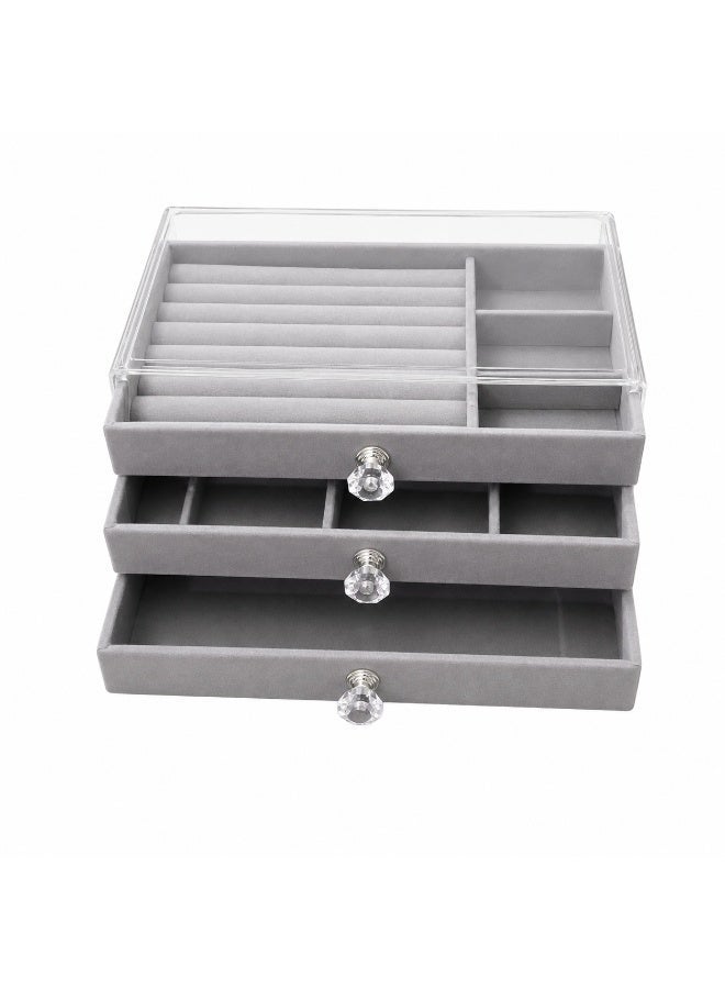 3-Drawer Jewelry Organizer Box with Transparent Cover and Ring Slots – Gray - Image 1