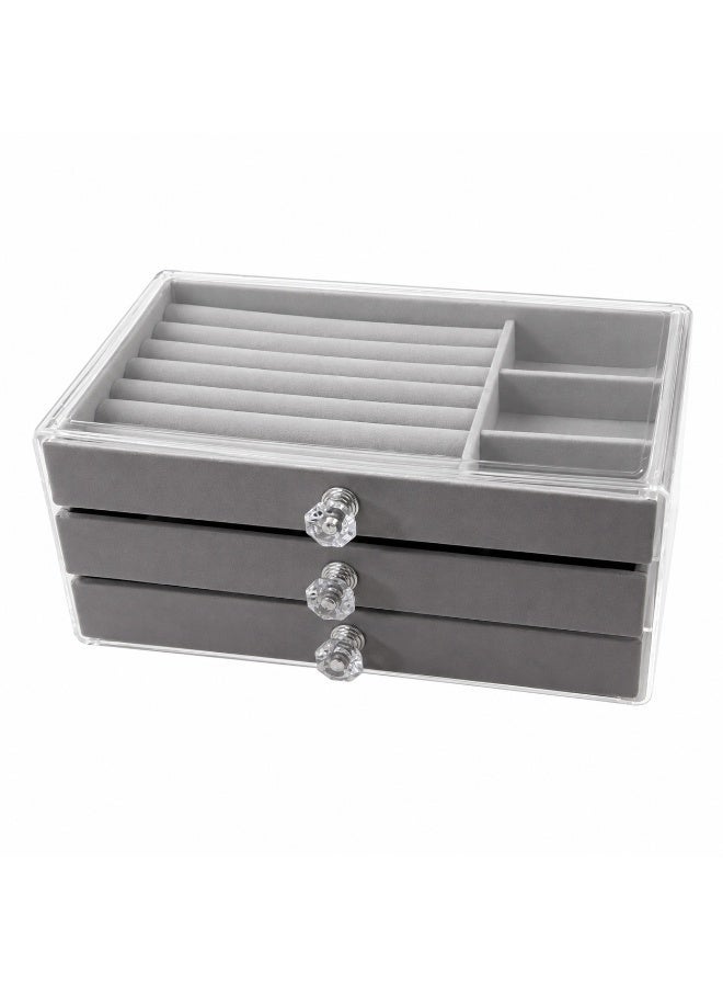 3-Drawer Jewelry Organizer Box with Transparent Cover and Ring Slots – Gray - Image 2