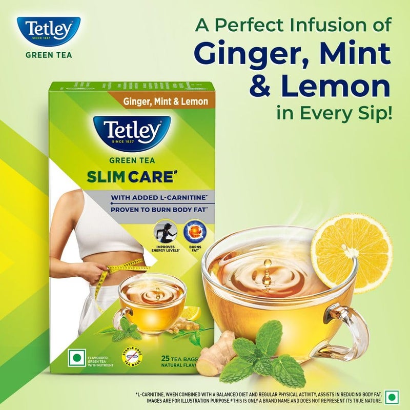 Tetley شاي تيتلي الأخضر سليم كير، مع إضافة إل-كارنيتين، يساعد على حرق الدهون، يعزز الطاقة، منخفض السعرات الحرارية، نكهات طبيعية لذيذة من الزنجبيل، النعناع والليمون، يصنع 25 كوبًا - Image 4