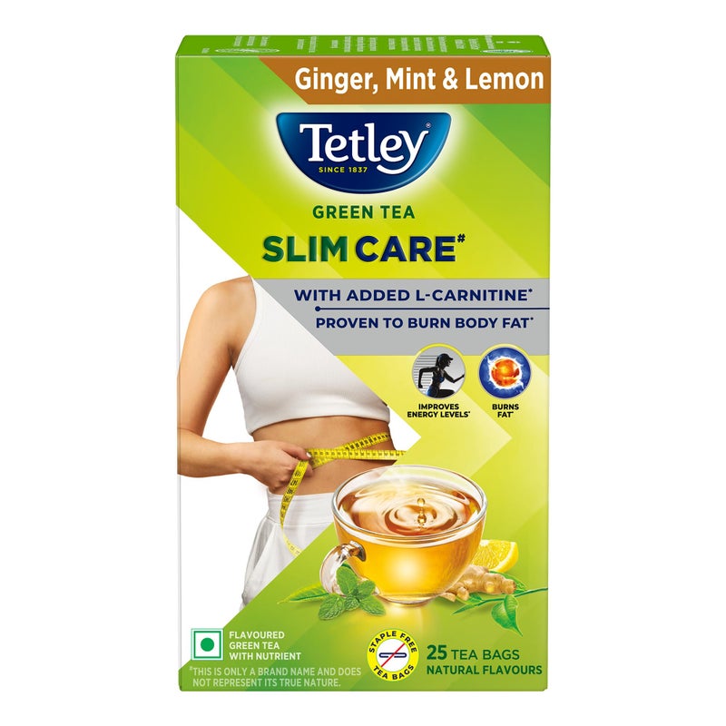 Tetley شاي تيتلي الأخضر سليم كير، مع إضافة إل-كارنيتين، يساعد على حرق الدهون، يعزز الطاقة، منخفض السعرات الحرارية، نكهات طبيعية لذيذة من الزنجبيل، النعناع والليمون، يصنع 25 كوبًا - Image 1