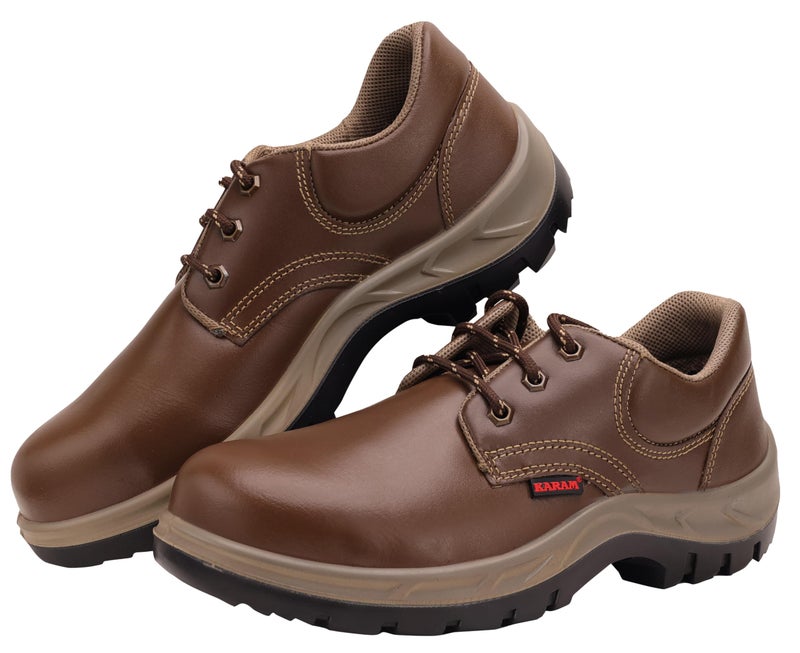 Karam FS61 Brown Leather Safety Shoes for Men | Double Density with Steel Toe | Antistatic, Anstislip, Oil & Heat Resistant | Size-09 - Image 1