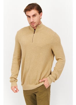 Men Mock Neck Long Sleeves Textured Sweatshirt, Tan