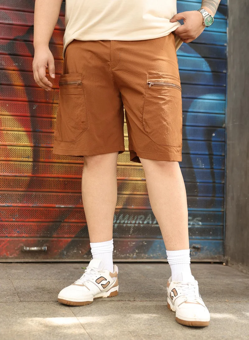 Instafab Plus Instafab Plus Men Modular-Utility Shorts | Mid-Rise , Elasticated -Waistband | Button Closure , Straight Hem | Solid Textured | Woven Fabric For Street & Casual Wear | Brick Brown