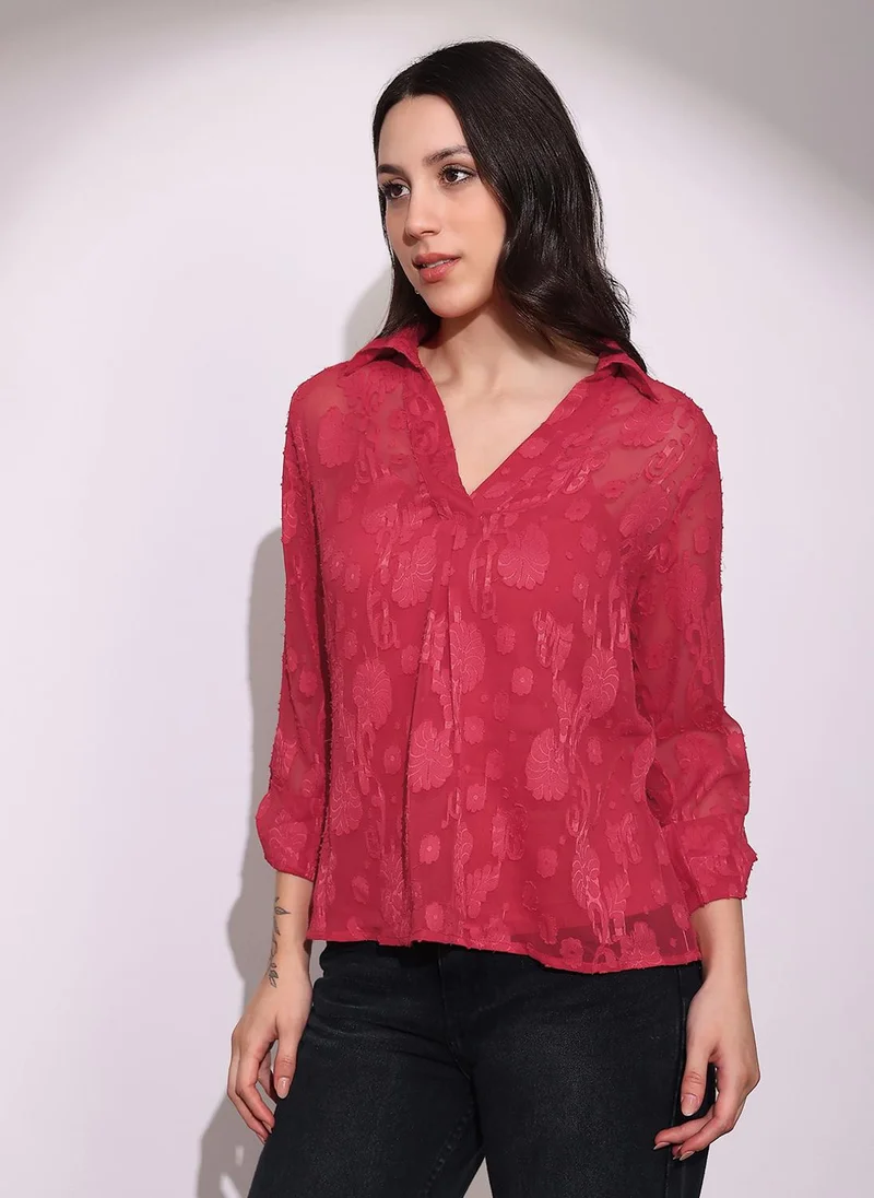 globus Globus Women Red Collared V-Neck Long Roll-Up Sleeves Floral Self Design Casual Top