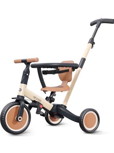 newyoo TR008 5 in 1 Toddler Tricycle with Push Handle for 13 Year Old Boys and Girls Kids Push Trike with Safe Bar Toddler Bike Convert to Balance Bike Birthday Gifts and Toys for Baby Cream - Image 1
