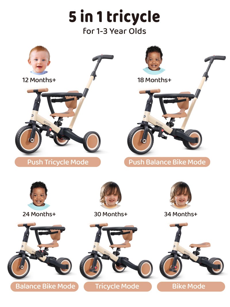 newyoo TR008 5 in 1 Toddler Tricycle with Push Handle for 13 Year Old Boys and Girls Kids Push Trike with Safe Bar Toddler Bike Convert to Balance Bike Birthday Gifts and Toys for Baby Cream - Image 3