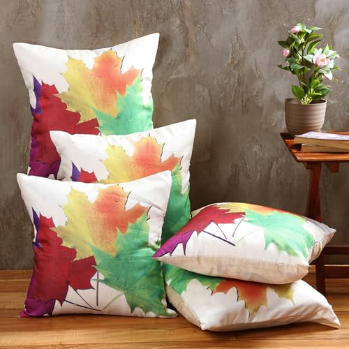 ROMEE Designer Floral Printed Cushion Covers 16 inch x 16 inch Set of 5 | Decorative Square Jute Throw Pillow/Cushion Cover for Living Room, Sofa, Couch, Bedroom (White) - Image 1