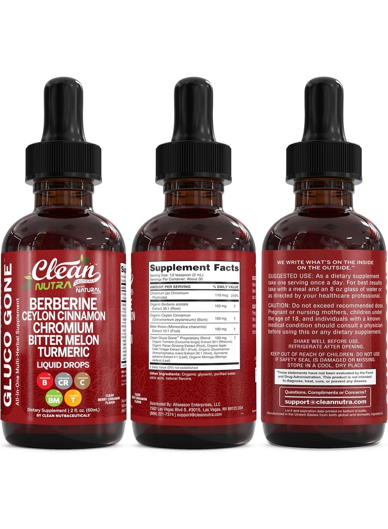 كلين نيوتراسيوتيكالز كلين نوترا بربارين مع قطرات سائلة ومكملات القرفة السيلانية + مستخلص البطيخ المر، جلوكومانان، جيمنيما، الكروم، الكركم، الجينسنغ الباناكس العضوي، مورينجا GLP-1 - Image 3