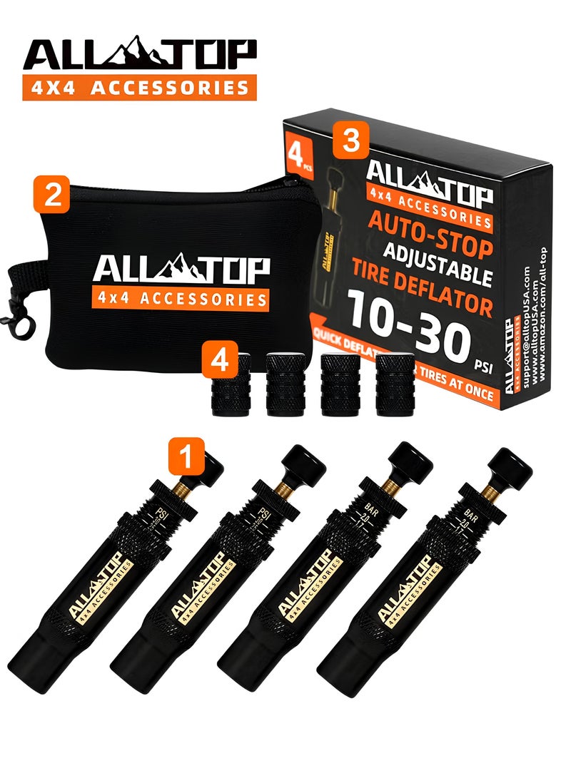 ALL-TOP مجموعة صمامات تخفيف ضغط الإطارات قابلة للتعديل مع وظيفة التوقف التلقائي، أداة تخفيف الهواء من 10 إلى 30 PSI للملحقات الخارجية للطرق الوعرة، تتضمن 4 قطع. - Image 1